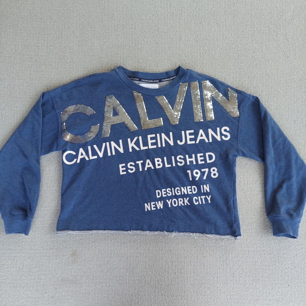 Calvin‎ Klein Jeans Sweatshirt Womens M Blue Sequin Logo Graphic Cropped Raw Hem